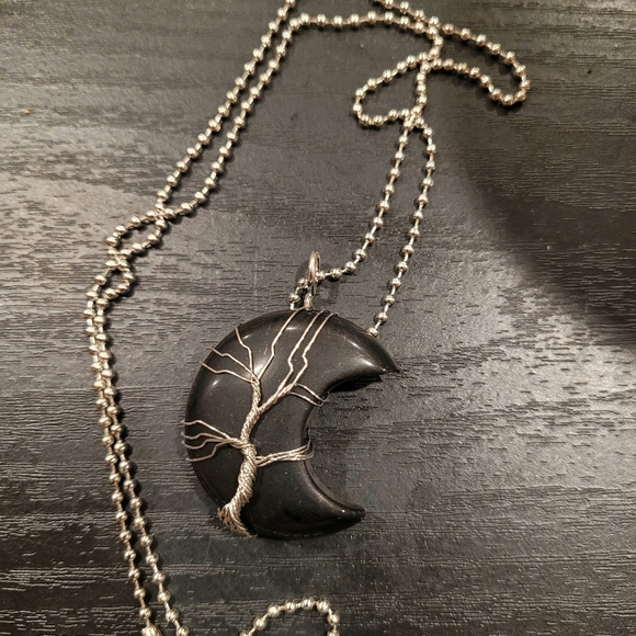 22" Ball Chain Silver Necklace Wire Wrapped Moon Shaped Natural Polished Onyx - Picture 4 of 6